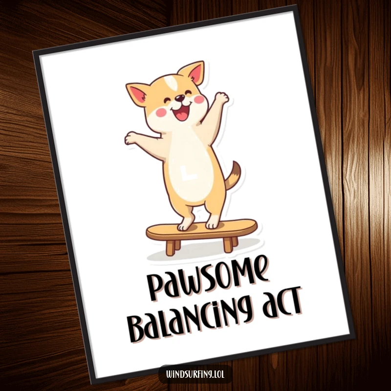 Funny Digital Art Print of a dog balancing perfectly on a surfboard, radiating happiness and skillful canine adventure.