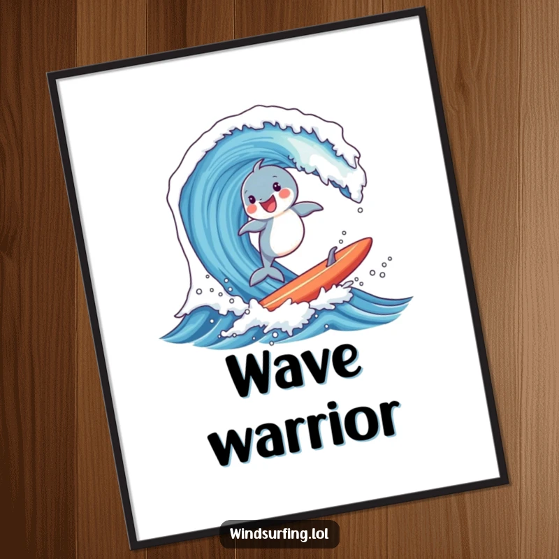 Funny digital art print of a joyful dolphin surfing a massive wave on a board, conveying power, freedom, and aquatic fun.