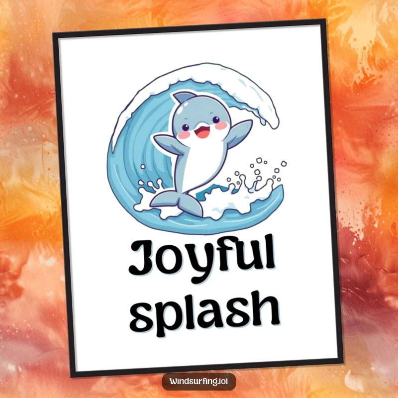 Funny digital art print of a playful dolphin joyfully catching a wave with arms outstretched, perfect for instant download and cheerful decor.