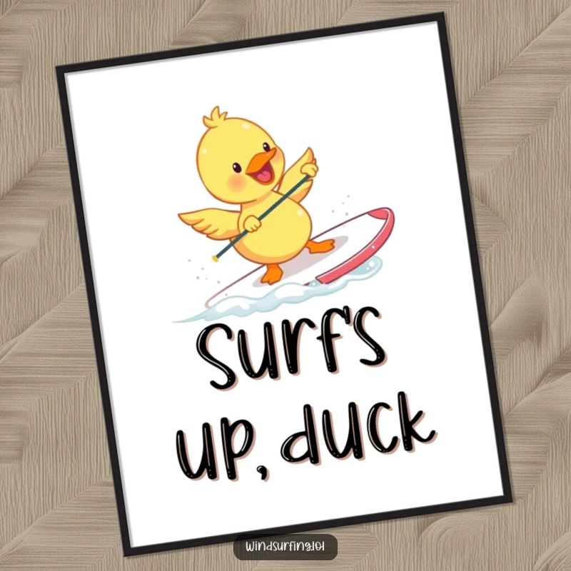 Funny Duckling Digital Art showing a happy duckling windsurfing with tiny flapping wings. Instant printable wall art for a cheerful coastal theme.