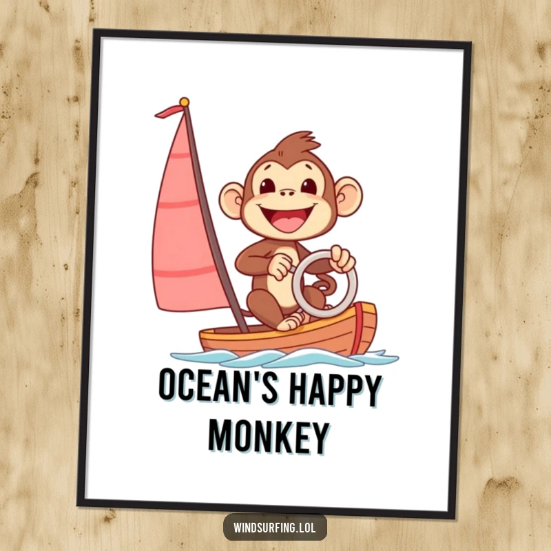 Funny digital art print of an excited monkey steering a sailboard with a big smile, ideal for humorous, adventurous decor.