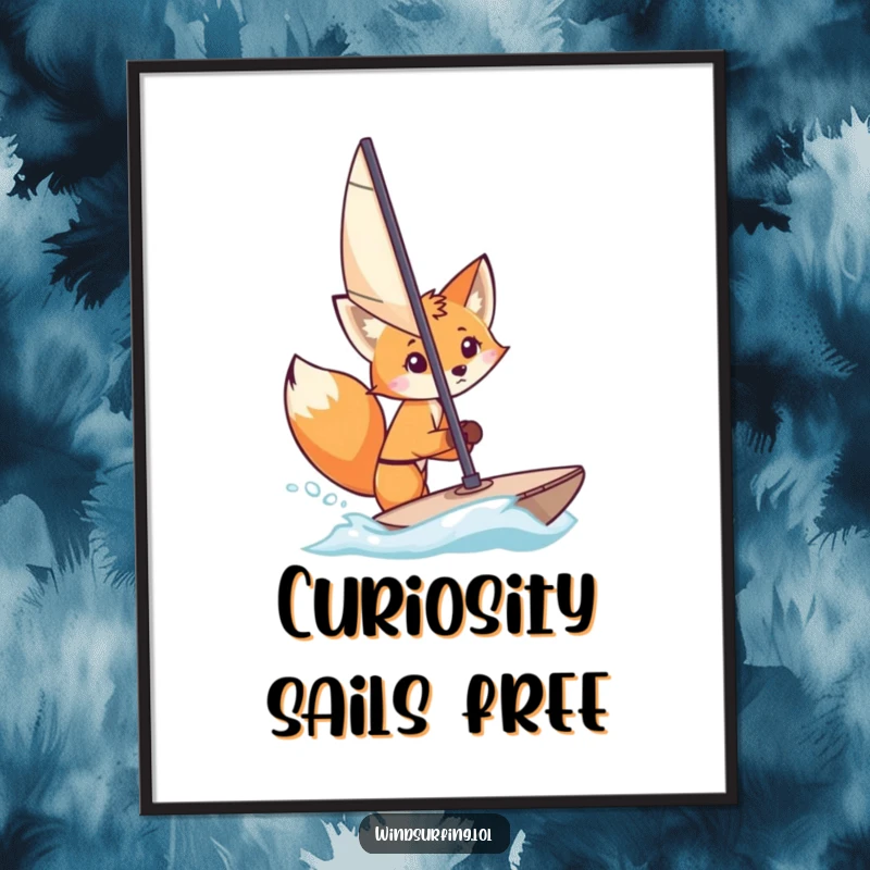 Funny Digital Art: A curious fox peeks from behind a windsurfing sail, a humorous and intriguing image for decor.