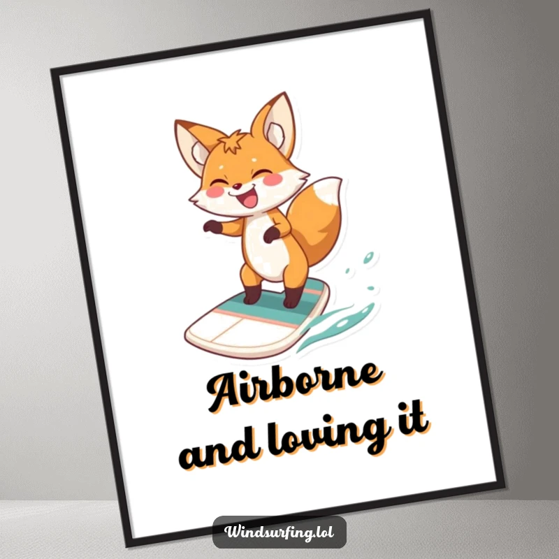 Funny fox windsurfing digital art print, a vibrant depiction of a laughing fox catching serious air on a windsurfing board, full of energy.