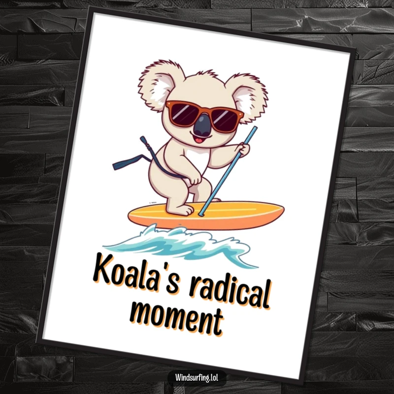 Funny koala riding a windsurfing board, wearing sunglasses, a humorous digital art print.
