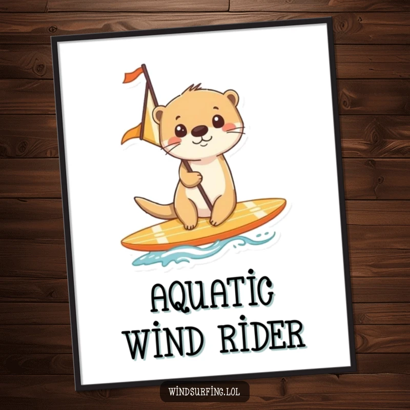 Funny digital art print of a cheerful otter joyfully surfing on a surfboard with a sail, riding the ocean waves.