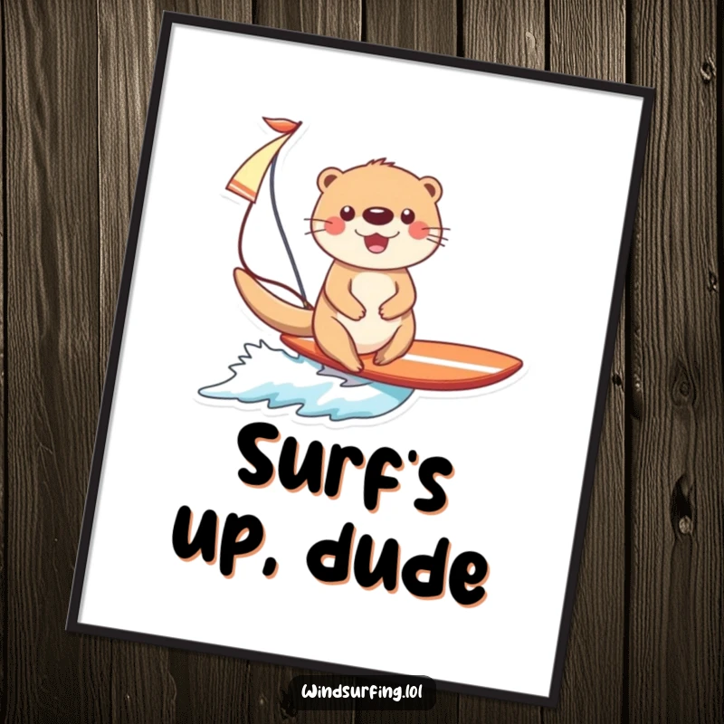 Funny Otter Surfing Digital Art Print: A happy otter gracefully surfs, sail catching the wind, full of zest.