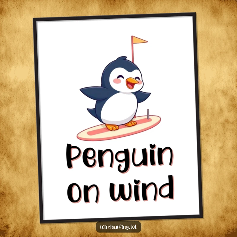 Funny digital art print of a giggling penguin effortlessly gliding on a sailboard, creating a whimsical and joyful arctic scene.