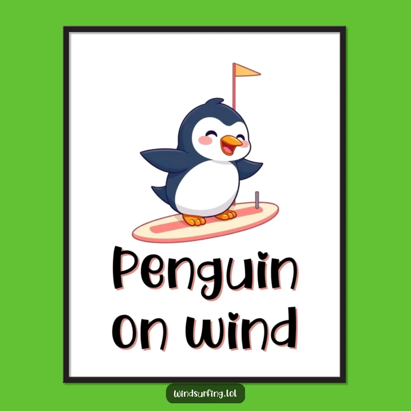 Funny Penguin Sailboard Digital Art - Whimsical Arctic Scene Print Gift