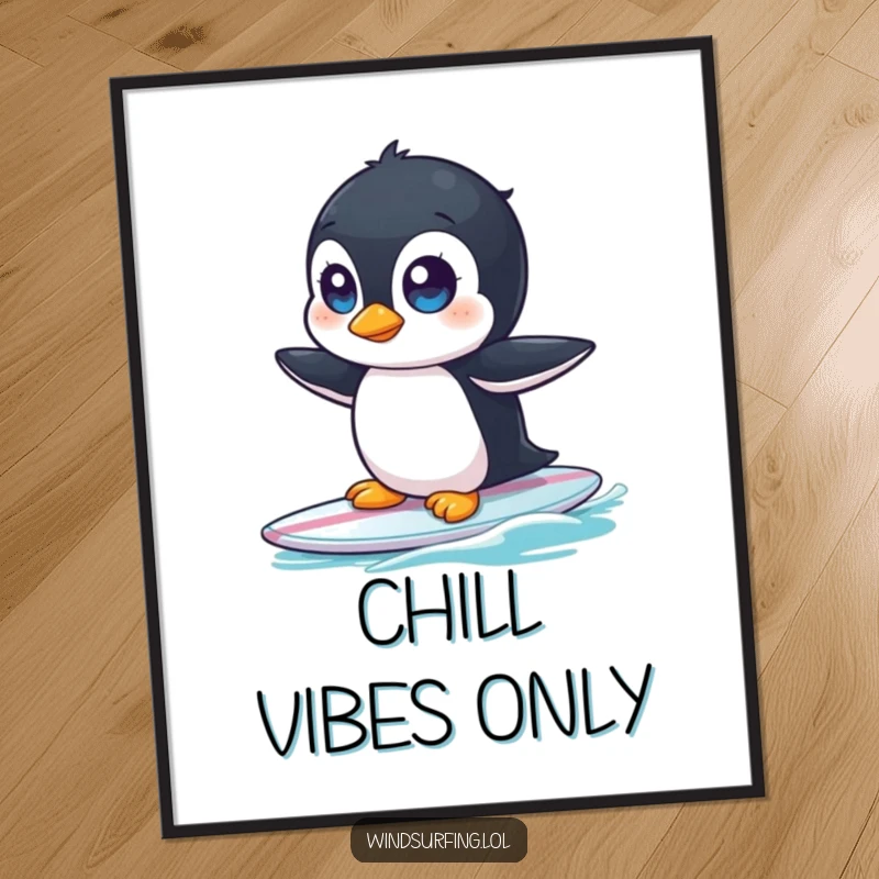 Funny digital art print of a curious penguin with wide eyes, comically wobbling on a surfboard, ready for a splash.