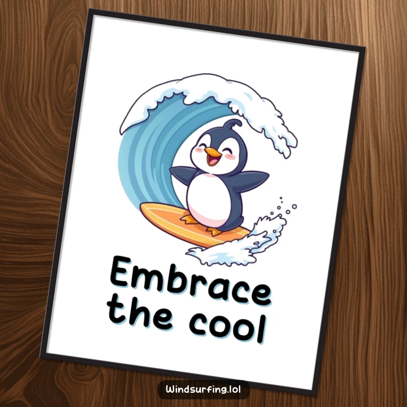 Funny penguin surfing a surfboard, laughing as a wave approaches, captured in a high-resolution digital art print radiating humorous joy.