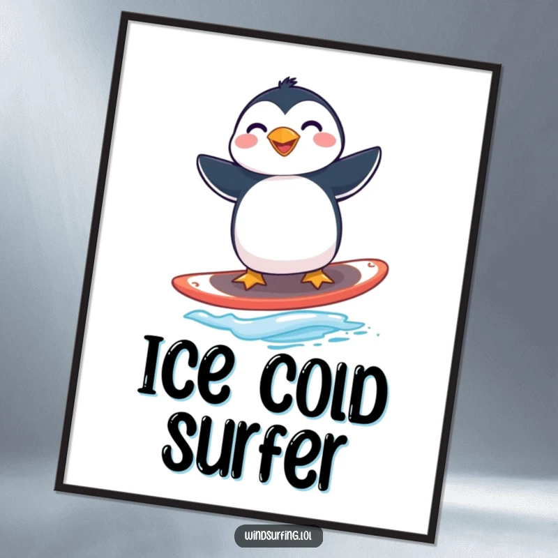 Funny penguin windsurfing digital art print of a joyful penguin expertly balancing on a windsurfing board.