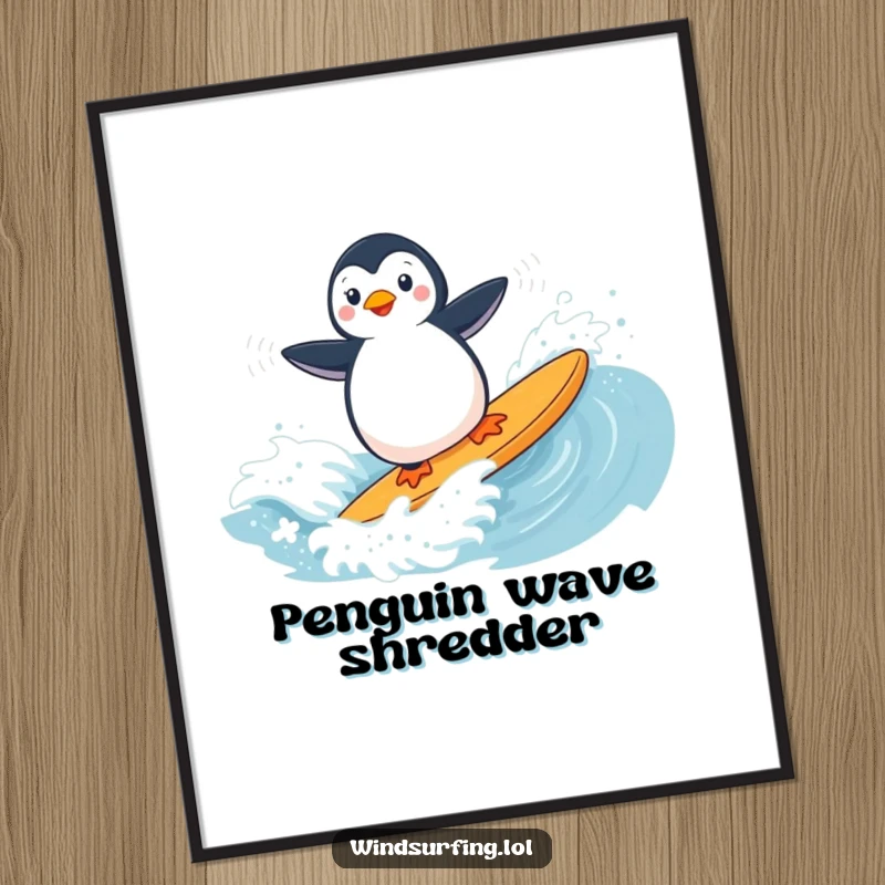 Funny digital art print of a penguin skillfully windsurfing a choppy wave, ready for instant download.