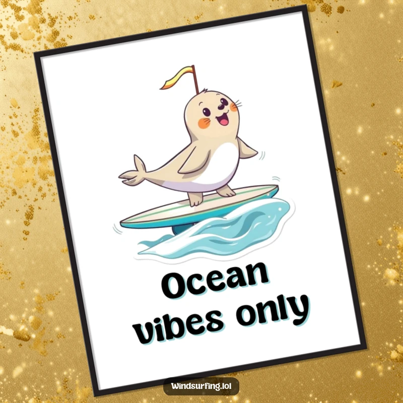 Funny seal expertly windsurfing on a surfboard, sail full, captured in a high-resolution digital art print radiating humorous joy and freedom.