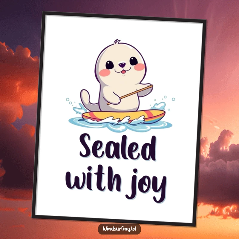 Funny Seal Windsurfing Digital Art Print: A smiling seal splashes water while windsurfing, full of oceanic glee.