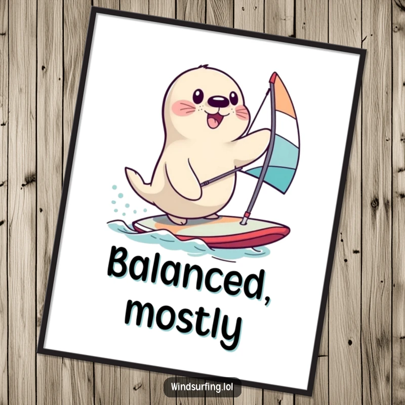 Funny seal hilariously attempting to windsurf, a high-resolution funny digital art print for instant download.