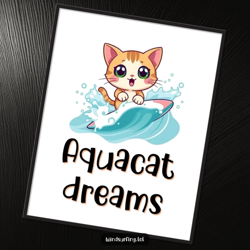 Funny Digital Art: A surprised cat windsurfing, bringing coastal humor and instant fun, a downloadable funny gift.