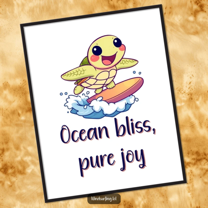 Funny digital art print of a joyful sea turtle happily surfing a small ocean wave. Beach-themed and humorous wall art.
