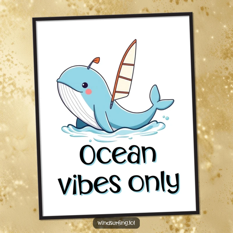 Funny whale spouting water, launching a windsurfing board, high-resolution digital art, whimsical ocean scene.