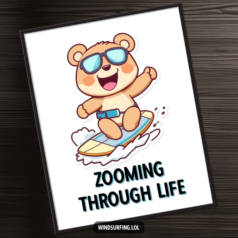 Funny digital art print of a cheerful bear windsurfing, offering instant fun and ursine humor for wall decor.