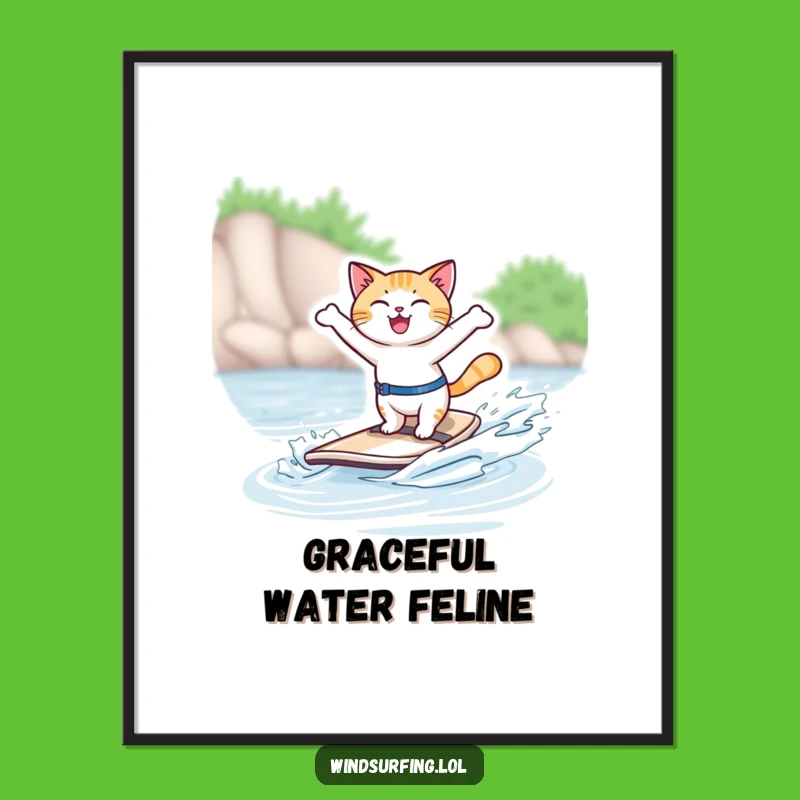 Funny Windsurfing Cat Digital Art: Instant Download of Feline Joy and Adventure