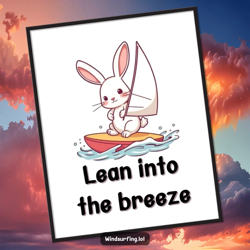 Funny digital art print of a curious rabbit windsurfing, offering instant fun and hare humor for wall decor.
