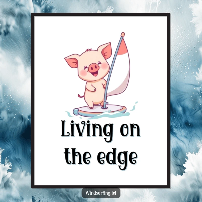 Funny piglet windsurfing with a wide, happy grin, presented as a whimsical digital art print for instant, cheerful home decor.