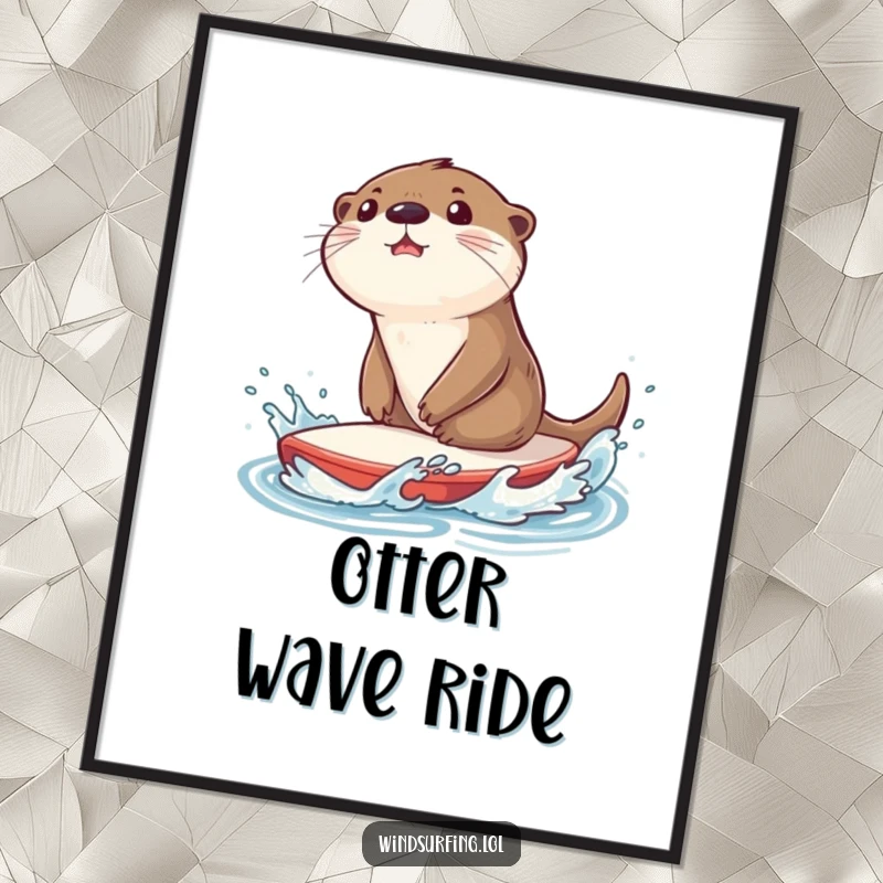 Funny digital art print of a surprised otter splashing water while riding a sailboard, creating a whimsical and energetic water scene.