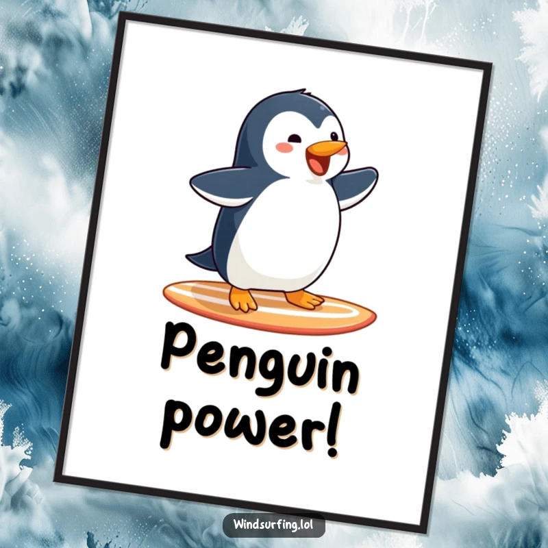 Funny Penguin Surfing Digital Art Print: A joyful penguin glides on a surfboard, full of oceanic glee.
