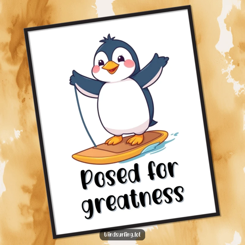 Funny digital art print of a proud penguin striking a pose on a windsurfing board, ready to bring laughter to any space.