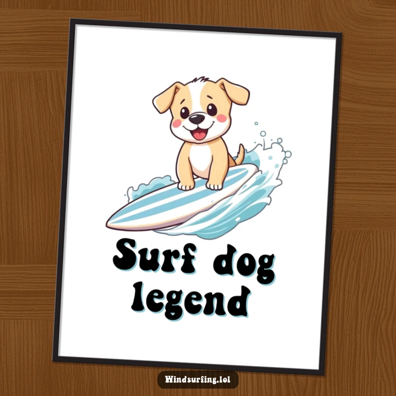Funny puppy surfing with an excited wave, presented as a vibrant digital art print for instant, cheerful, and humorous wall decor.