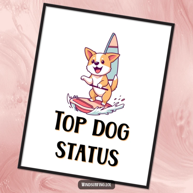 Funny Digital Art Print: A happy dog leaping into the air while windsurfing, capturing pure canine exhilaration.