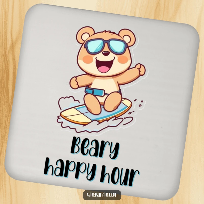 Funny drink coaster with a cheerful bear windsurfing, protecting surfaces with ursine flair and humor.