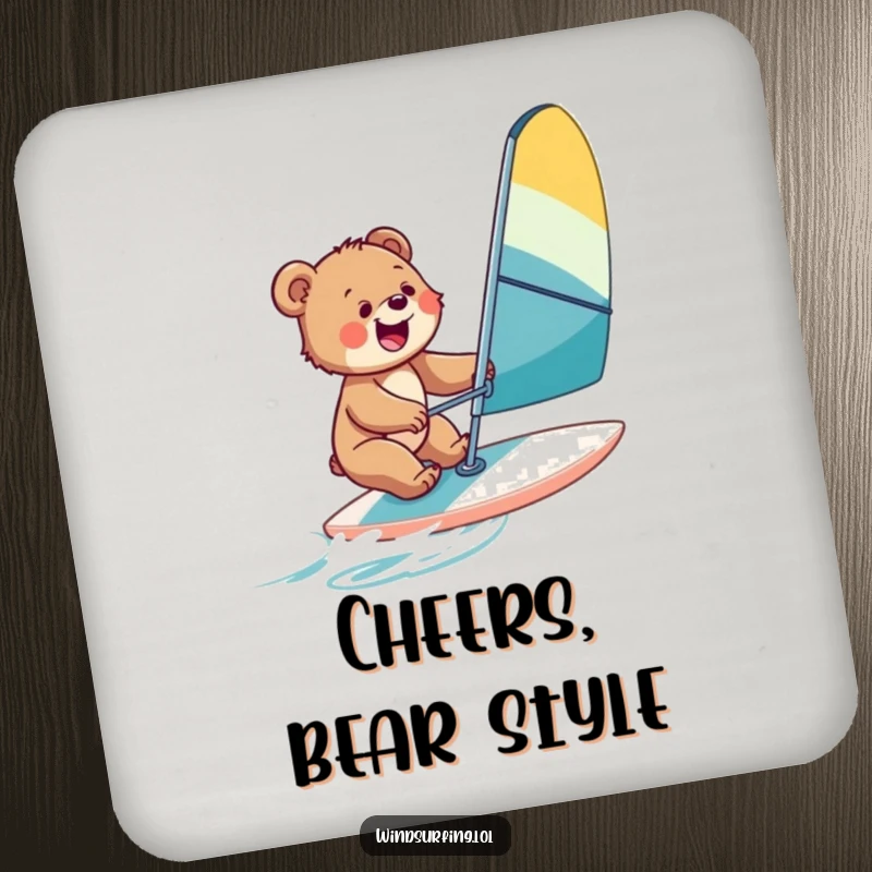Funny drink coasters showing a bear cub windsurfing, protecting tables with a joyful and adventurous theme.