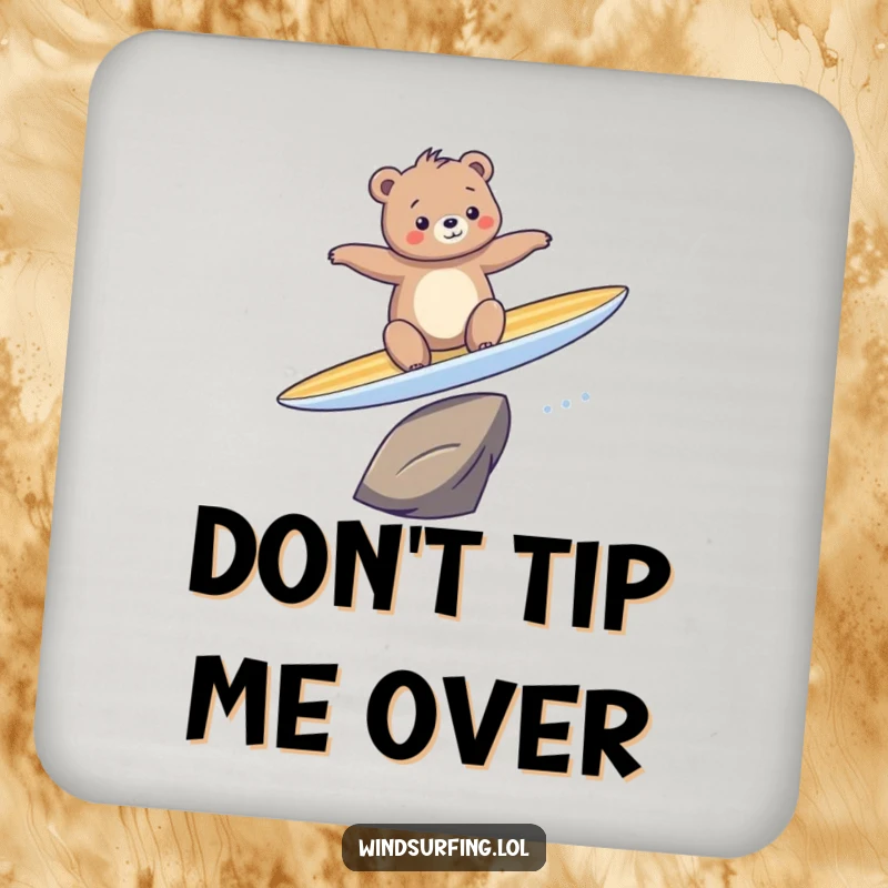 Funny drink coaster featuring a bear comically losing its balance on a surfboard, offering both protection and amusement.
