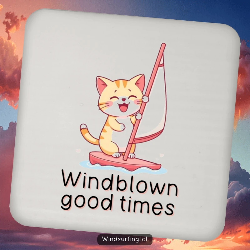 Funny coaster featuring a happy cat windsurfing on a surfboard, protecting surfaces with style.