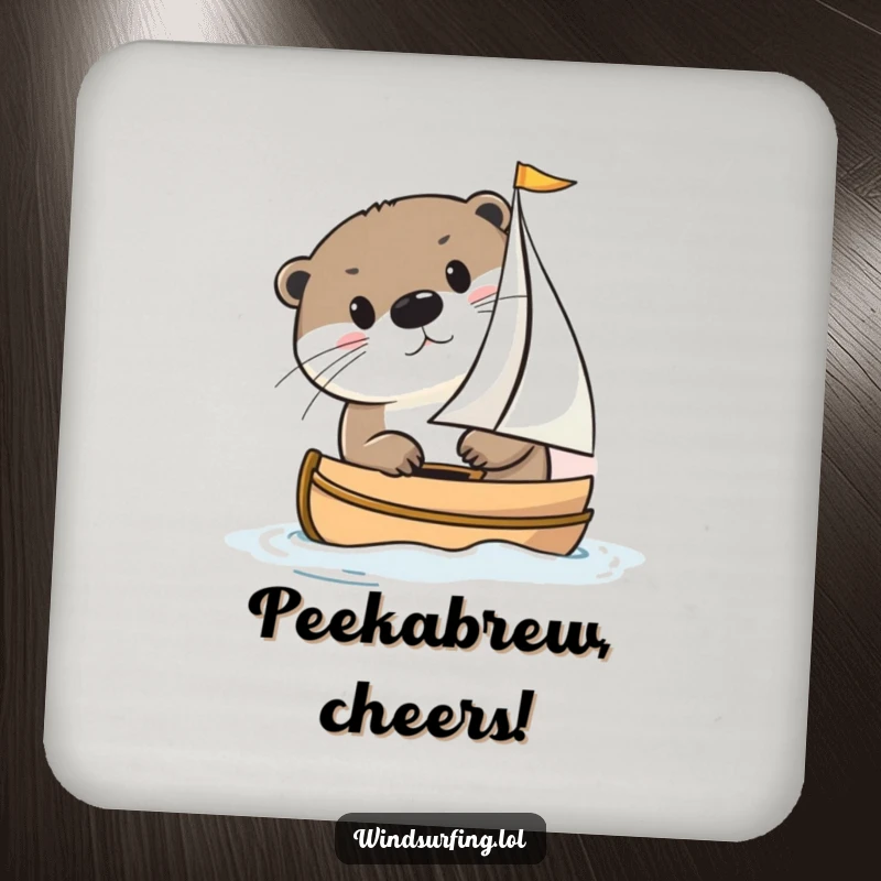Funny otter peeking from a small sailboat on a drink coaster, adding a splash of nautical humor to tabletops.