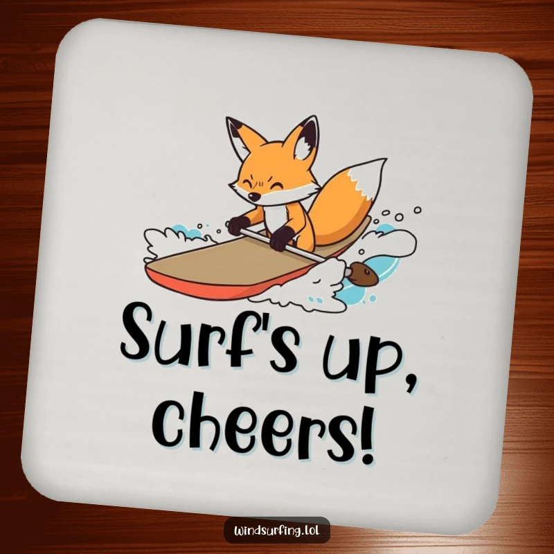 Funny Coaster featuring a determined fox steering a board through choppy water, embodying strategy and a sharp mind.