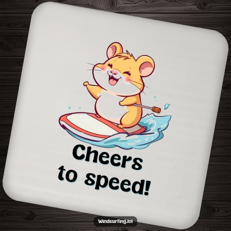 Funny drink coaster featuring a cheerful hamster grinning while steering a windsurf board across the water.
