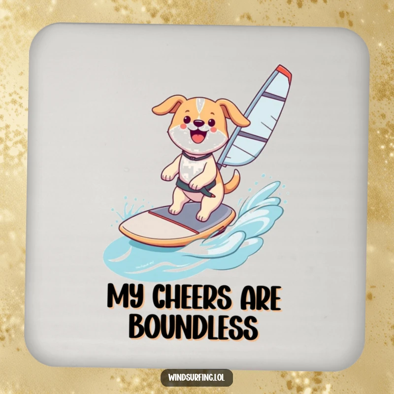 Funny Coasters: A happy dog windsurfing, protecting surfaces with canine charm and humor, a fun funny gift.
