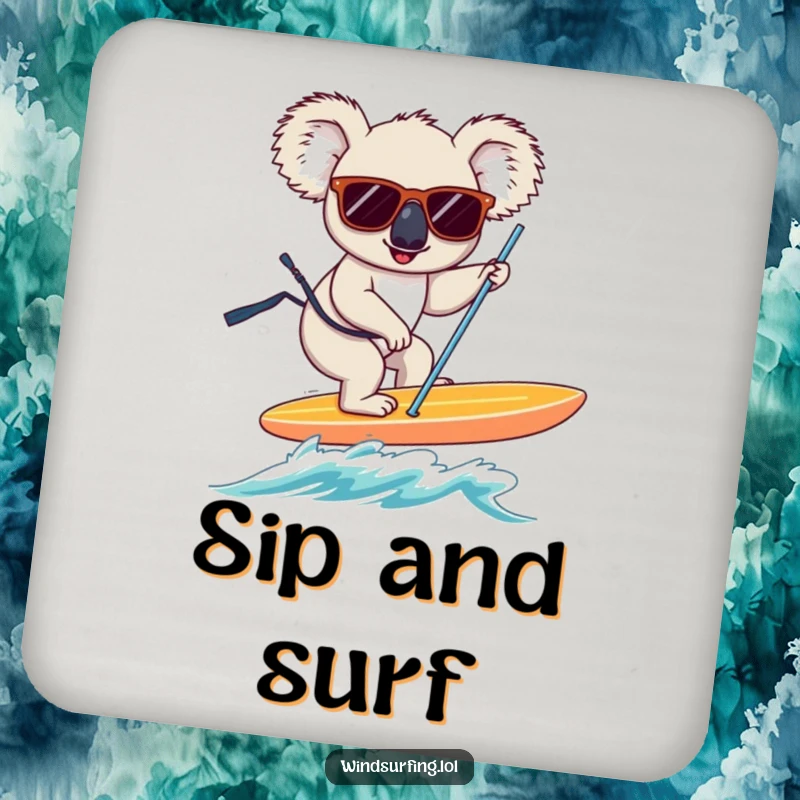 Funny koala wearing sunglasses, windsurfing, featured on a humorous and protective drink coaster.