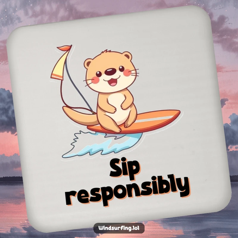 Funny Otter Surfing Drink Coaster: A cheerful otter with a sail glides on waves, protecting your furniture with humor.