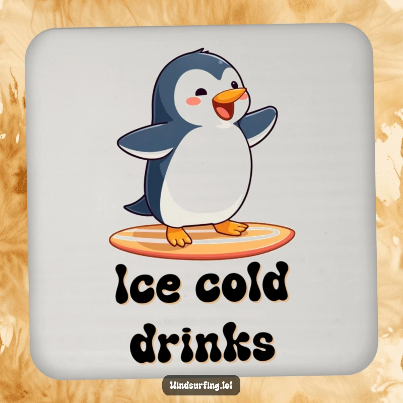 Funny Penguin Surfing Drink Coaster: A joyful penguin glides on waves, protecting surfaces with humor.