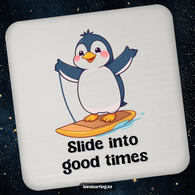 Funny drink coaster featuring a proud penguin striking a pose on a windsurfing board, protecting surfaces with humor.