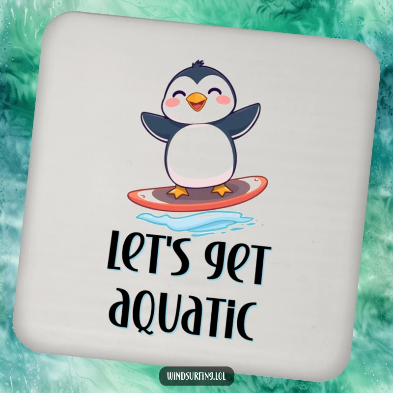 Funny penguin windsurfing coaster featuring a grinning penguin expertly balancing on a windsurfing board.