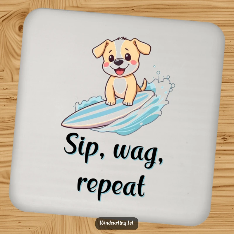 Funny puppy surfing with a happy wave, showcased on a protective drink coaster, bringing adorable and humorous dog-themed charm to any surface.