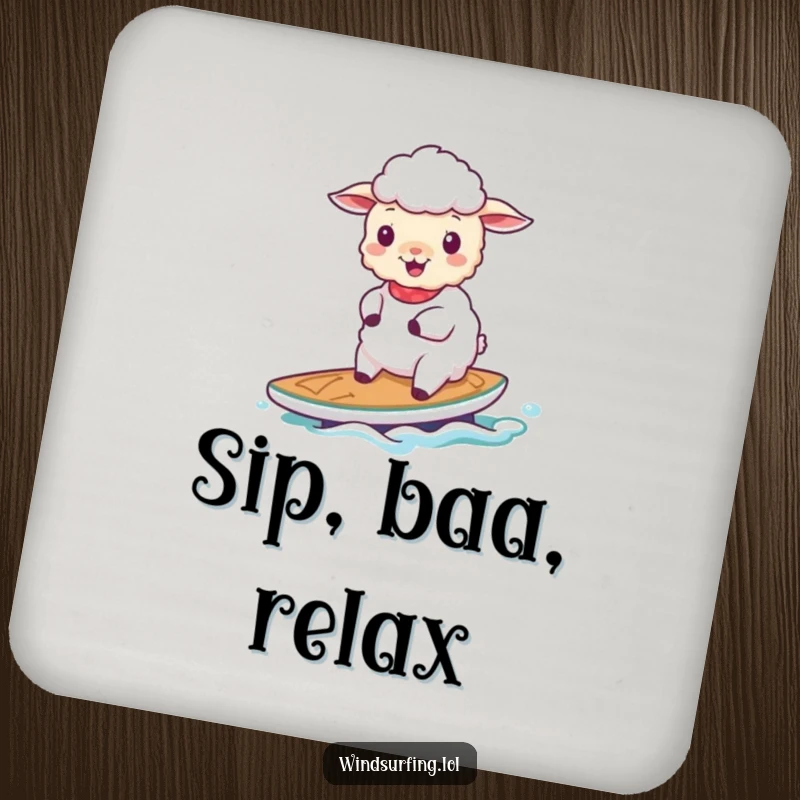 Funny cheerful sheep sailing on a small board on a drink coaster, adding a touch of serene humor to tabletops.