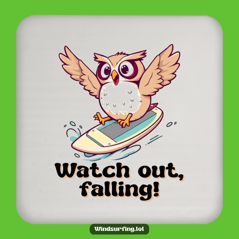 Funny Surprised Owl Windsurf Coaster: Epic Wipeout Art, Tiny Funny Gift