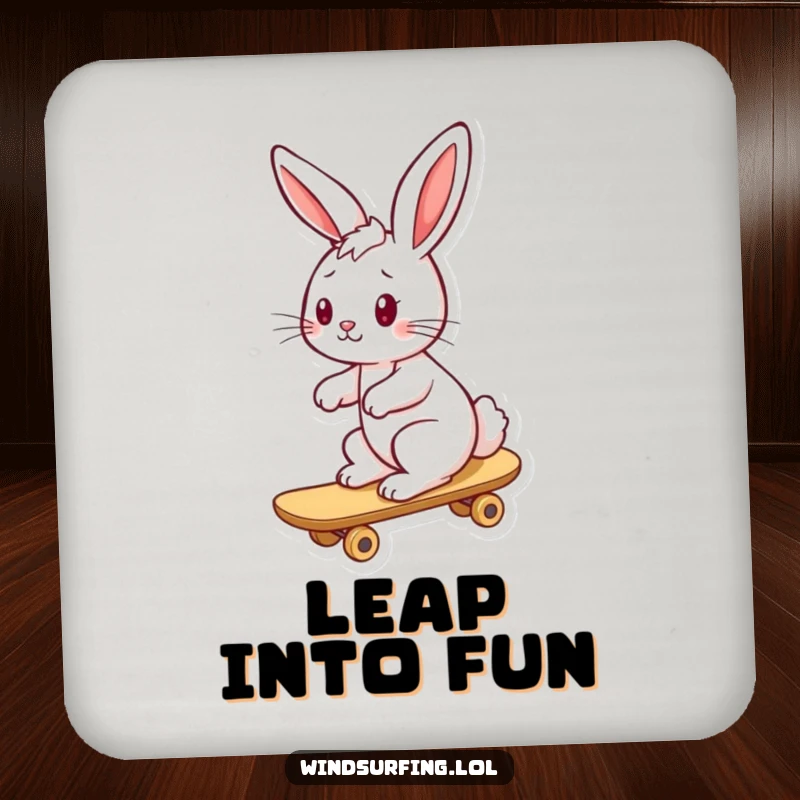 Funny bunny coaster featuring a playful bunny riding a board with ears back from the wind, adding fun protection.