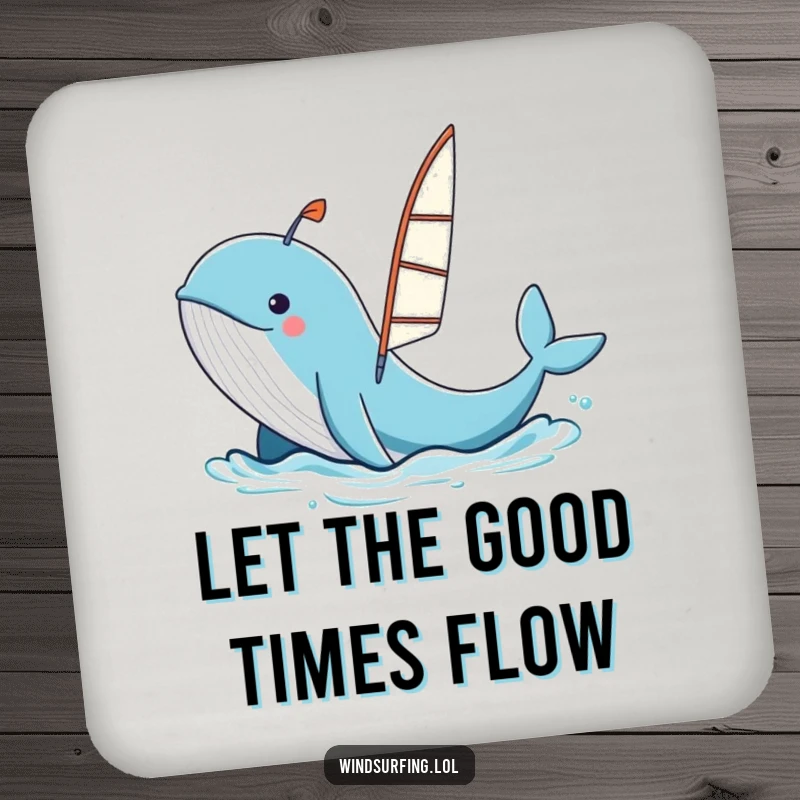 Funny whale spouting water, launching a windsurfing board, cartoon coaster, protective surface art.