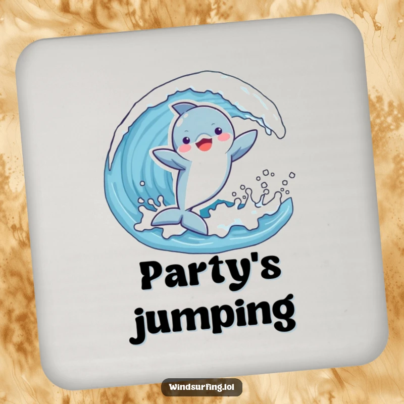 Funny drink coasters featuring a playful dolphin joyfully catching a wave with arms outstretched, adding charm and protecting surfaces.